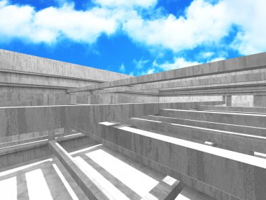 Bulutlu arka planda beton duvar inşaatı. Soyut mimari tasarım konsepti. 3d hazırlayıcı