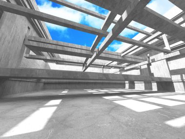 Bulutlu arka planda beton duvar inşaatı. Soyut mimari tasarım konsepti. 3d hazırlayıcı