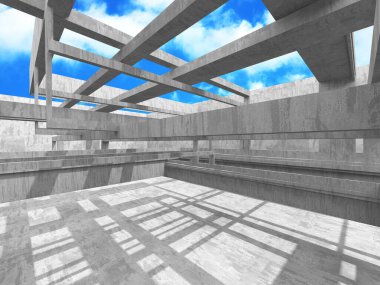 Bulutlu arka planda beton duvar inşaatı. Soyut mimari tasarım konsepti. 3d hazırlayıcı