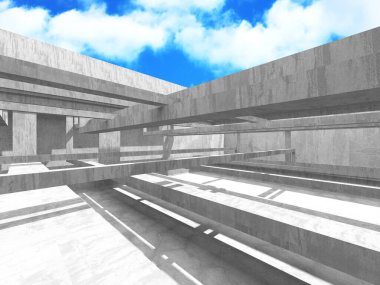 Bulutlu arka planda beton duvar inşaatı. Soyut mimari tasarım konsepti. 3d hazırlayıcı