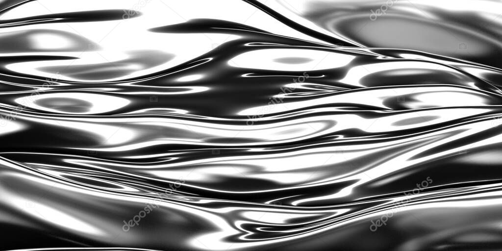 Metallic abstract wavy liquid background. 3d render illustration