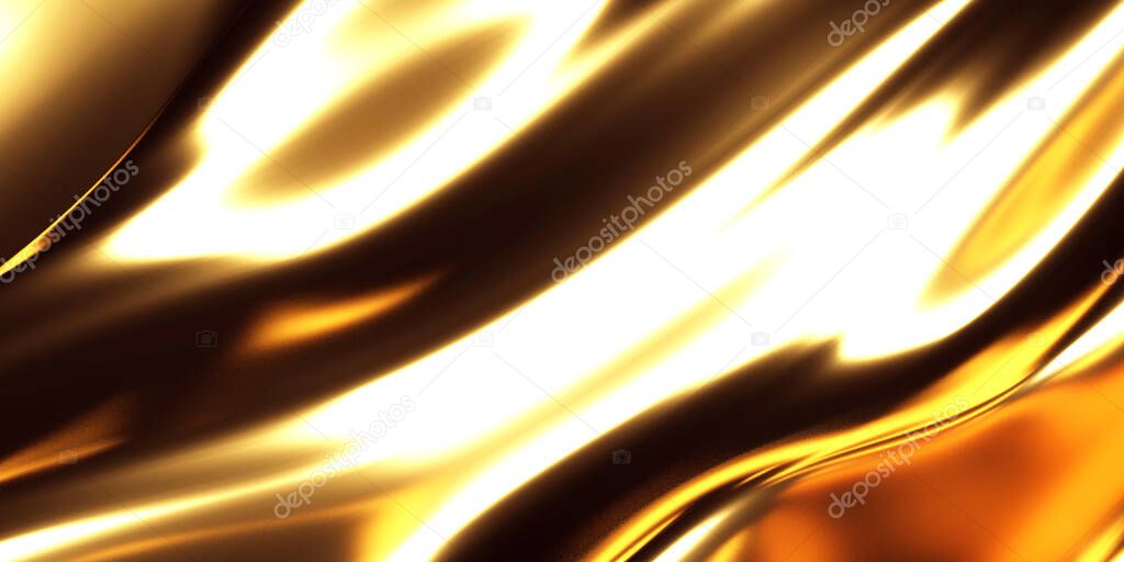 Golden abstract wavy liquid background. 3d render illustration