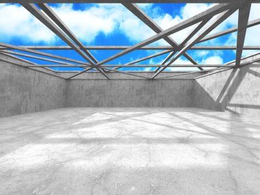 Bulutlu arka planda beton duvar inşaatı. Soyut mimari tasarım konsepti. 3d hazırlayıcı