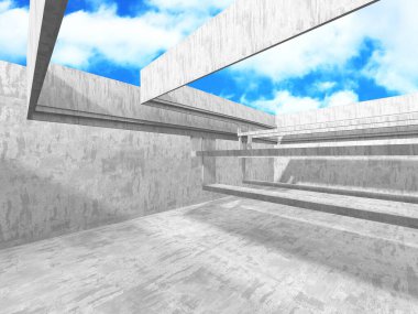 Bulutlu arka planda beton duvar inşaatı. Soyut mimari tasarım konsepti. 3d hazırlayıcı