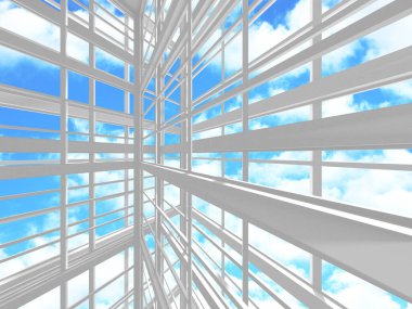 Gökyüzü manzaralı boş beyaz mimari. 3d hazırlayıcı