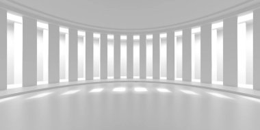 Modern mekanlar için fütürist beyaz kıvrımlı mimari iç tasarım. 3d hazırlayıcı.