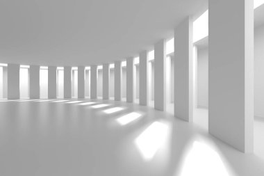 Günışığı sütunları olan modern mimari salonu - galeri veya sergi için minimalist iç tasarım. 3d hazırlayıcı.