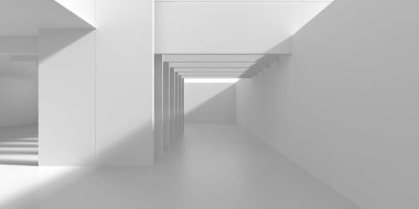 Geometrik çizgileri ve yumuşak ışığı olan minimalist mimari iç mekan. 3d hazırlayıcı.