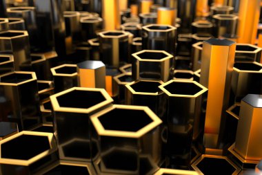 Dijital sanat ve tasarım için altın röfleli altıgen metalik yapılar. 3d hazırlayıcı.