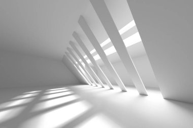 Güneş ışığından gelen geometrik gölgelerin eğimli kirişlerden aktığı minimalist modern iç mekan. 3d hazırlayıcı.