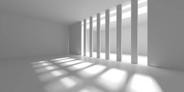 Güneş ışığı ve gölgeli minimalist mimari iç mekan geometrik desenler yaratıyor. 3d hazırlayıcı.
