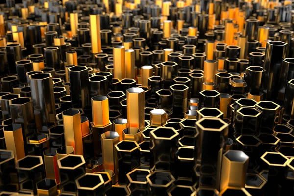 Modern tasarım kavramları için altın ve siyah sütunları olan soyut metalik altıgen peyzaj. 3d hazırlayıcı.