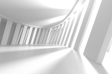 Kavisli beyaz sütunlu modern minimalist soyut mimari. 3d hazırlayıcı.