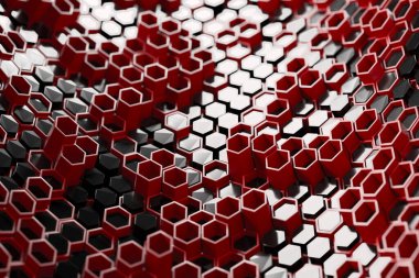 Modern tasarım için kırmızı ve siyah renk şeması olan soyut altıgen desen. 3d hazırlayıcı.