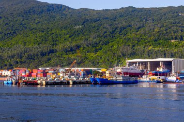 Yük gemileri ve konteynırları yemyeşil tepelere karşı canlı kıyı limanı.