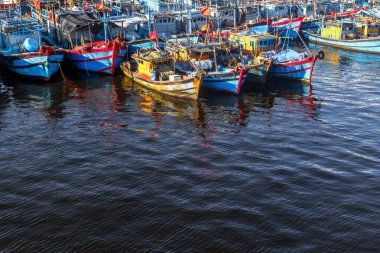 Canlı limana demirlemiş renkli balıkçı tekneleri.