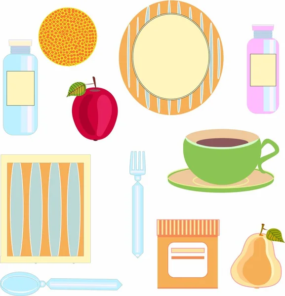  Yemek takımları, meyveler ve pastel renkli bir fincan kahveyle sakin bir hayat.