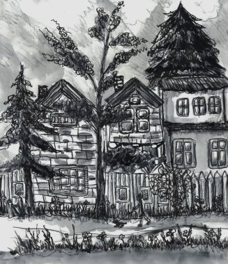 Köy evlerinin siyah beyaz görüntüsü ve köpek gezdiren bir kız.