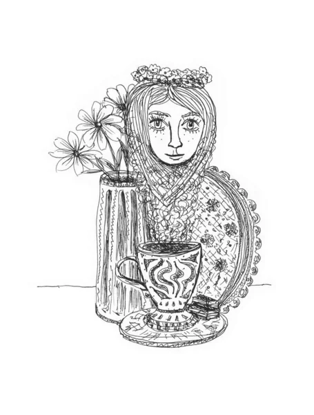 Dessin d'une tête féminine, d'une cruche de fleurs, d'une tasse de thé et d'un plateau — Photo