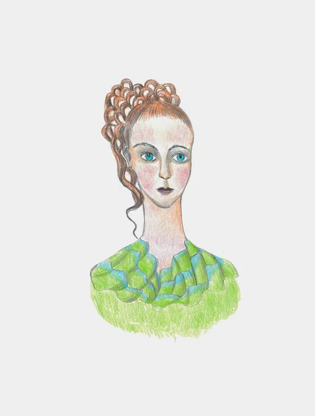 곱슬곱슬 한 머리에 밝은 녹색 눈을 가진 소녀의 그림 — 스톡 사진