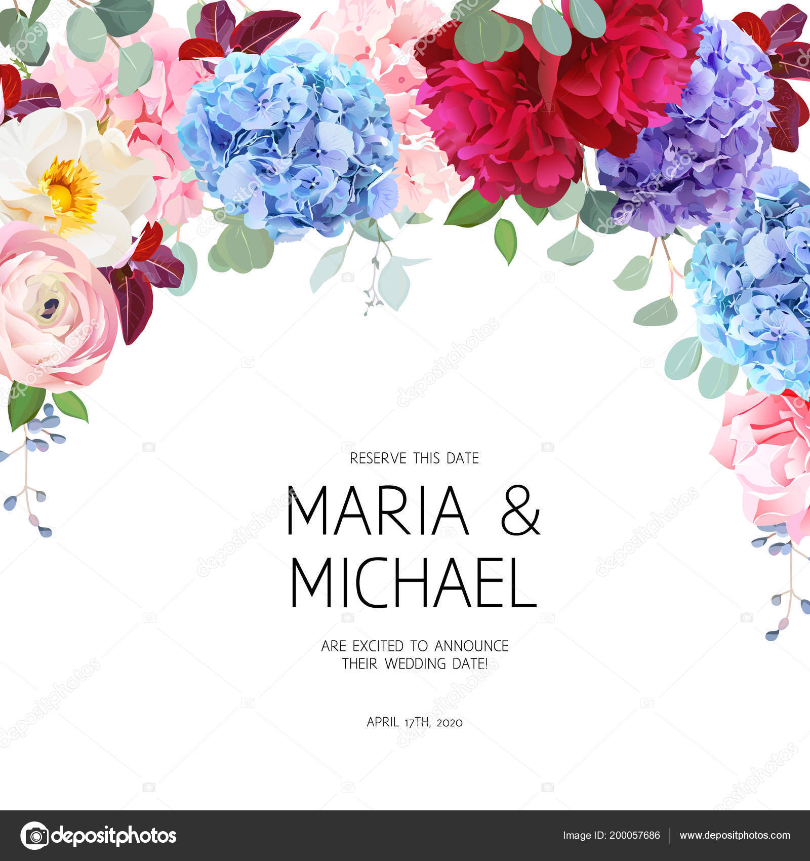 蓝色, 紫色和粉红色的绣球花, 野玫瑰, 石龙芮, 康乃馨图库矢量图©lavendertime_ 200057686, image size:1600x1700