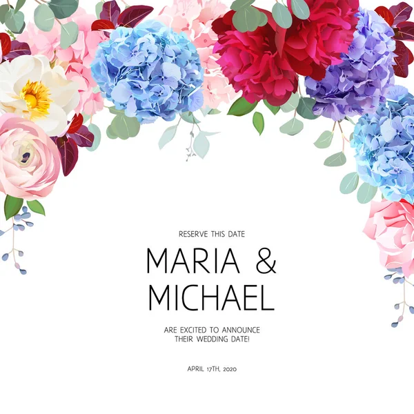 Modré, fialové a růžové hortenzie, divoká růže, ranunculus, karafiát — Stockový vektor