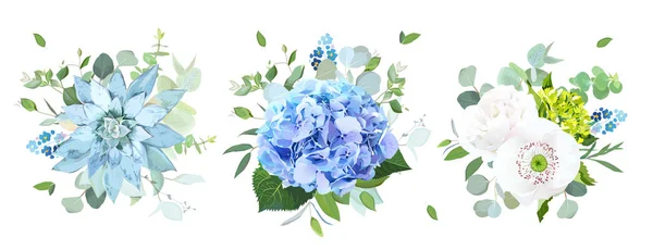 Blauwe en witte bloemen vector design boeketten — Stockvector