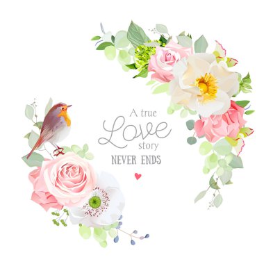 Çiçek vektör çerçeve çiçek ve küçük robin kuş ile yuvarlak.