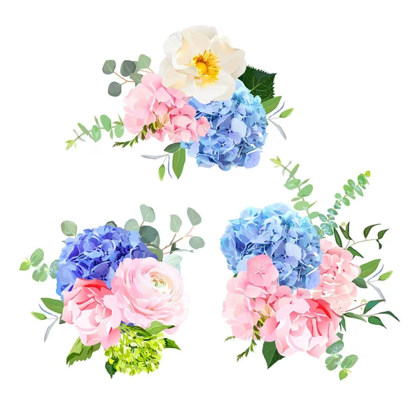 Blå, rosa, grönt och lila hortensia — Stock vektor