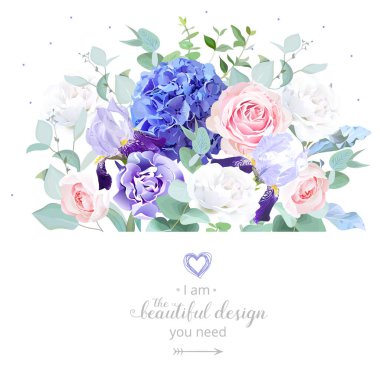 Gül, ortanca, okaliptüs, iris, karanfil. 