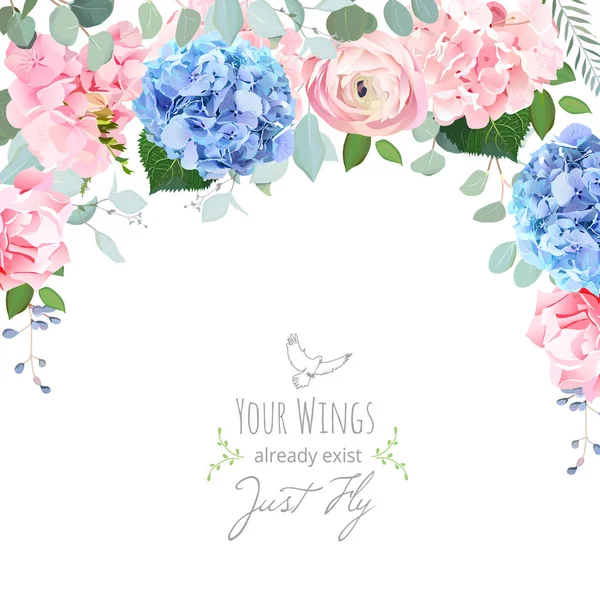 Blaue und rosa Hortensien, Rose, Hahnenfuß, Nelkenblüten — Stockvektor