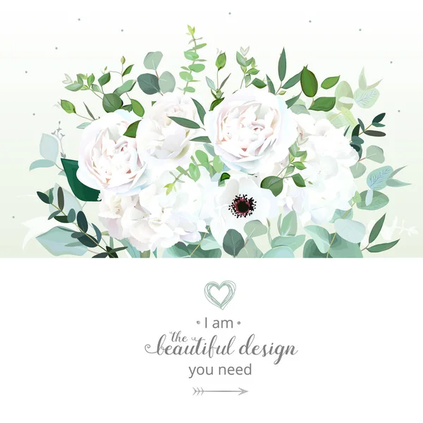 Rose blanche, ranunculus, hortensia, anémone, eucalyptus, verdure — Image vectorielle