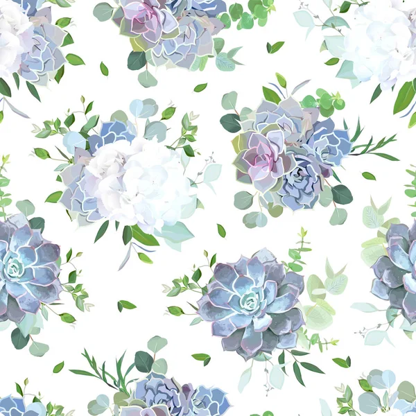 Witte bloemen en blauw, Lila vetplanten naadloze vector design — Stockvector