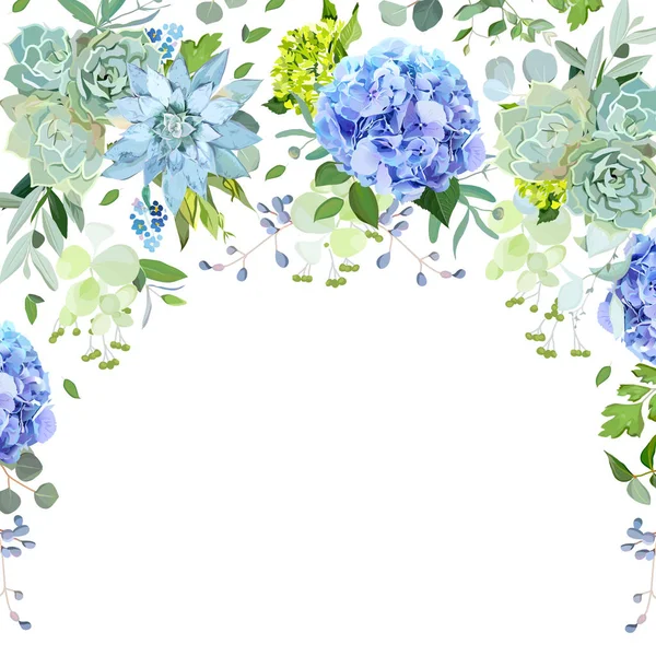 Licht blauwe en groene hortensia, echeveria, eucalyptus — Stockvector
