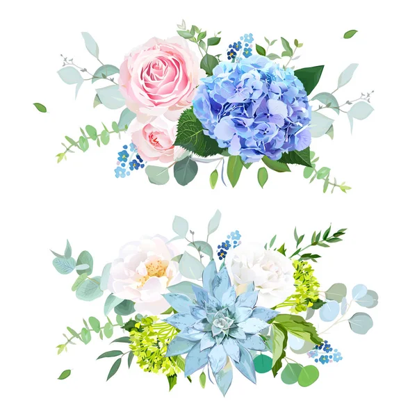 Light blue, green hydrangea, pink, white rose, succulent, forget — Stock Vector