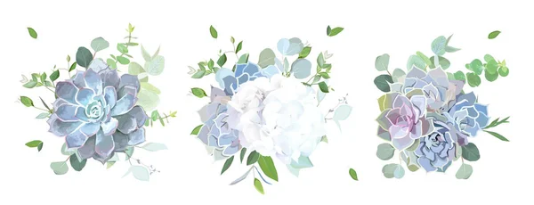 Blå, lila, lila och vita blommor och suckulenter — Stock vektor