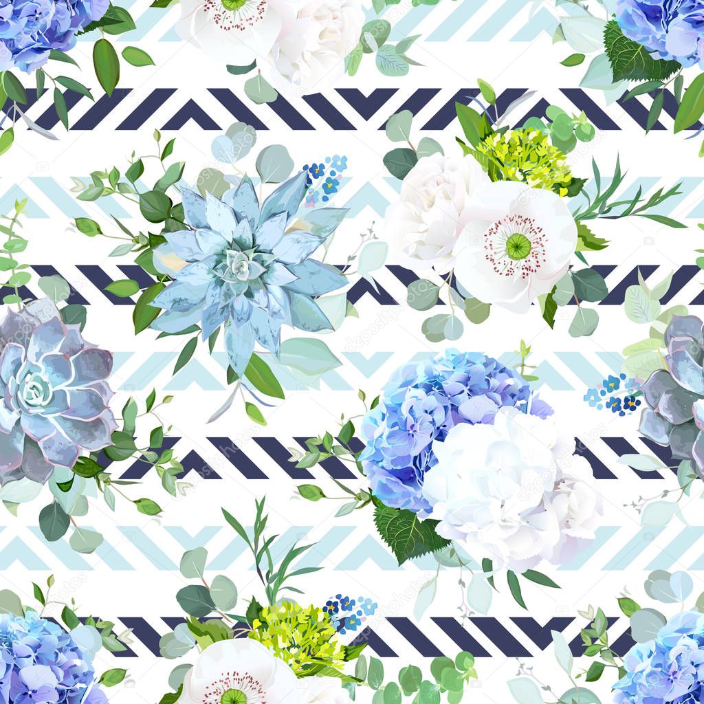 Blue and white summer flowers seamless vector design print. Hydrangea, rose, ranunculus, eucalyptus, succulent, forget me nots, greenery. Floral striped pattern.All elements are isolated and editable