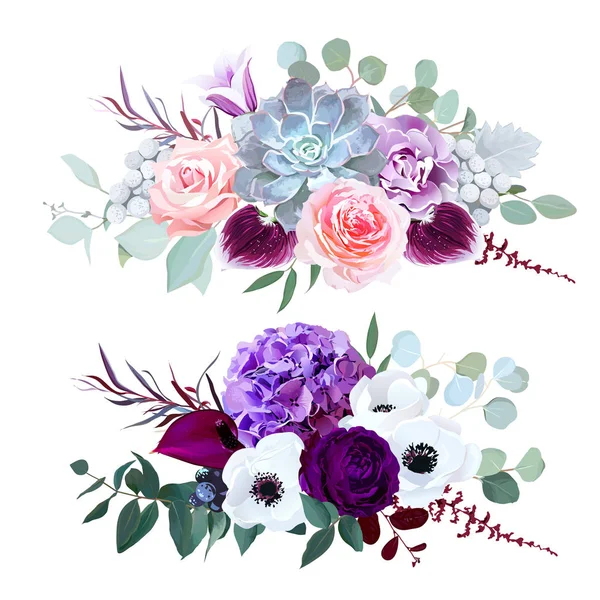 Purple hydrangea, carnation, bell flower, pink rose, anthurium, — Stock Vector