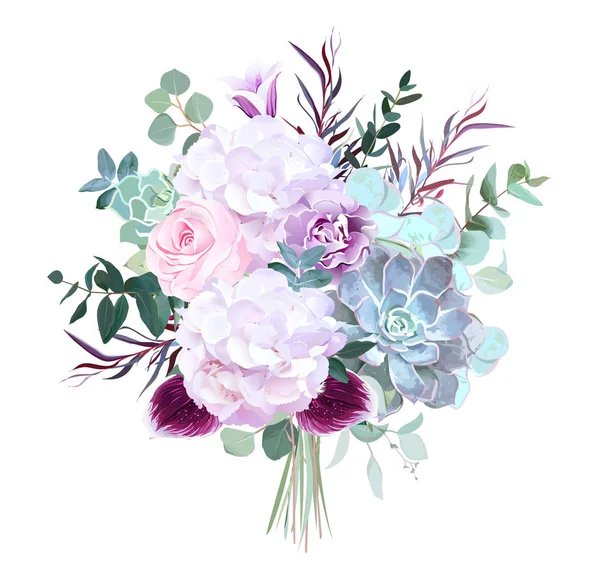 Розовая роза, белые гортензии, фиолетовая гвоздика, темная орхидея, сукку — стоковый вектор