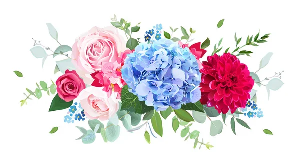 Светло-голубая гортензия, розовая, красная роза, бордовая георгия, забудь меня — стоковый вектор