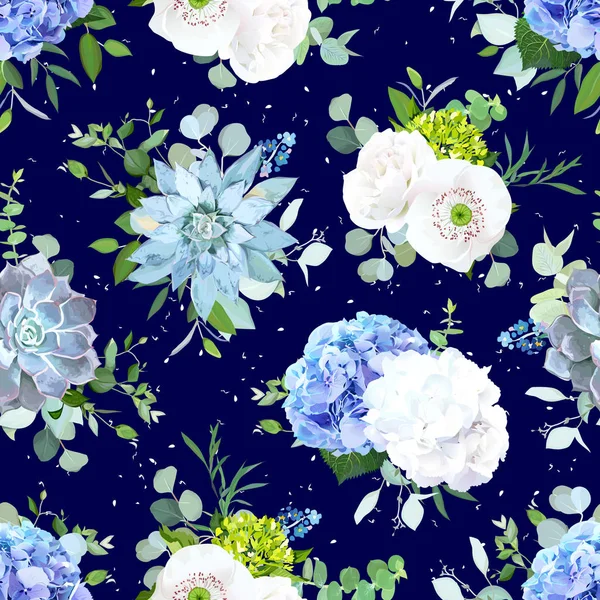 夏季鲜花在海军蓝色无缝矢量设计打印. — 图库矢量图片
