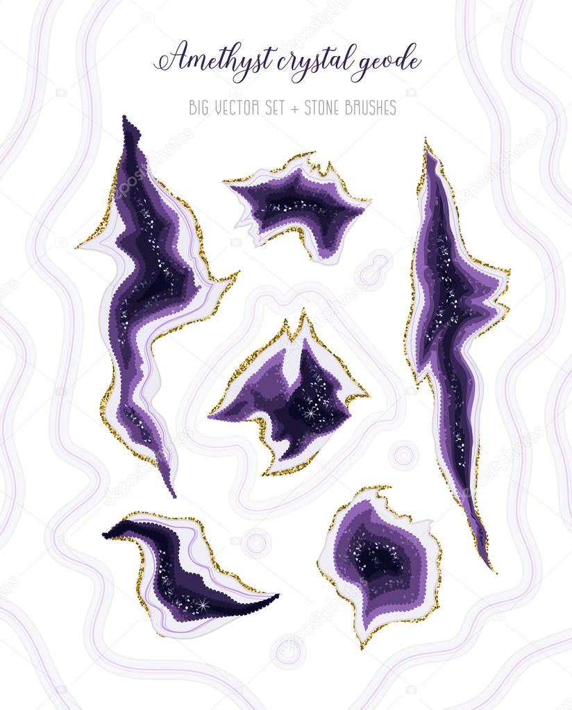 Amethyst crystal geode purple and white marbled vector set.