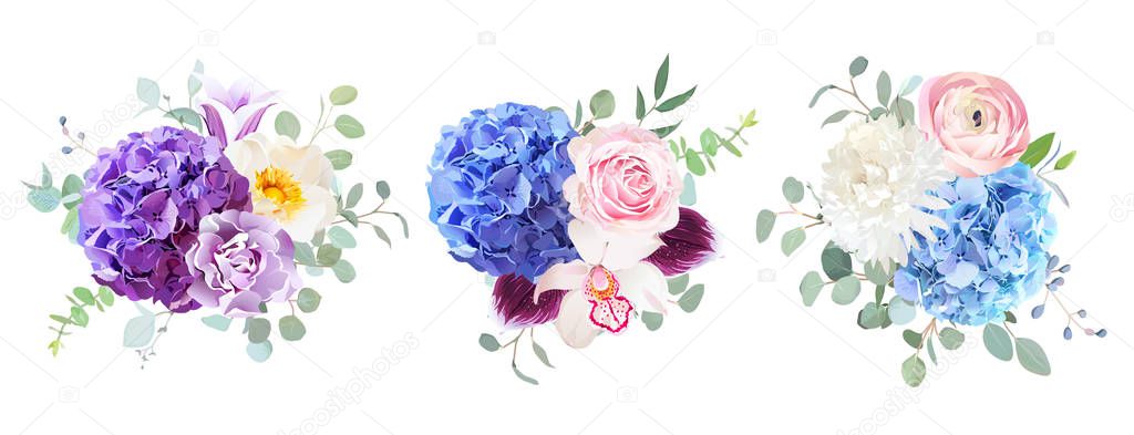 Violet, purple and blue vector design bouquets