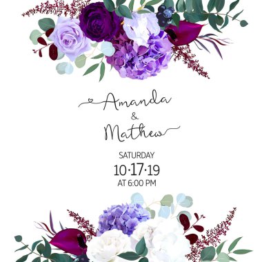 Mor ve menekşe gül, beyaz ve koyu mavi hyrangea, astilbe, bir