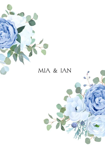 Rose bleue poussiéreuse, hortensia blanche, ranunculus, anémone, eucalyptus — Image vectorielle