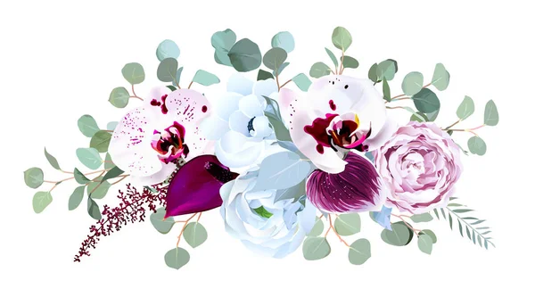 Exotiska spräckliga anthurium, anemone, lila ros, orkidé, eukalyp — Stock vektor