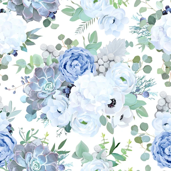 无缝的向量设计样式从尘土飞扬的蓝色庭院玫瑰, 惠特 — 图库矢量图片