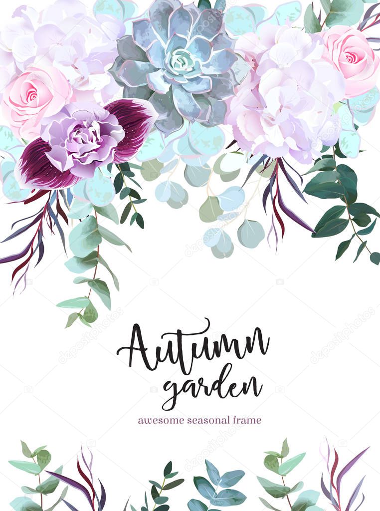 Purple, white and pink flowers vector design card