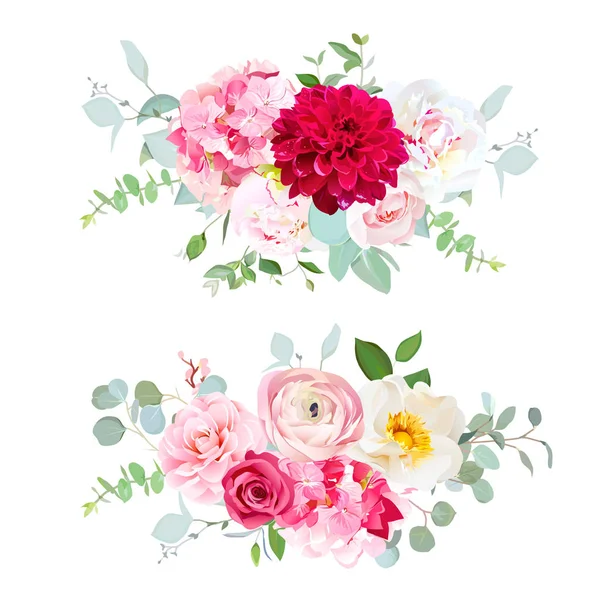 Dalia roja, hortensias rosadas, rosa, peonía blanca, camelia — Vector de stock