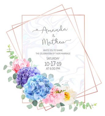 Light blue, violet and pink hydrangea,wild rose,  carnation, euc